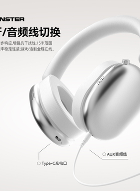 Monster魔声AH100头戴式蓝牙6.0无线蓝牙耳机ANC降噪运动跑步游戏