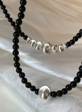 拉丝猫眼银天然玛瑙项链配饰女夏季轻奢小众高级感串珠锁骨链