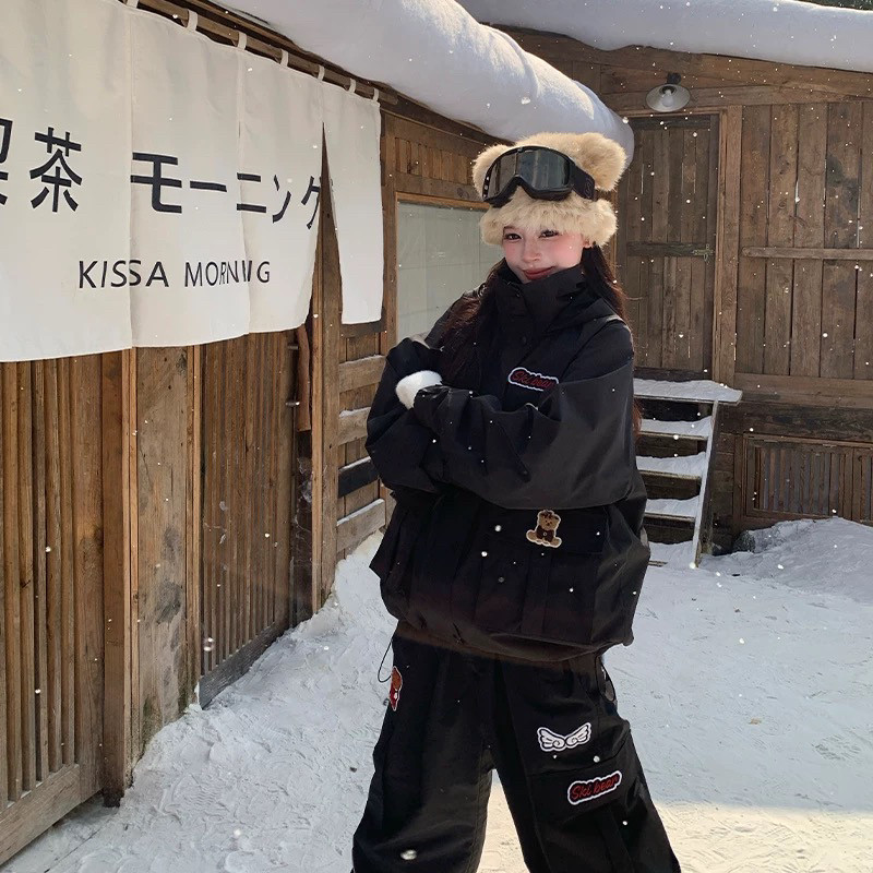 Skibear原创3L全压胶加绒保暖黑色章仔小熊滑雪服套装男女款情侣