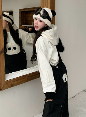 Skibear原创黑白熊猫背带裤滑雪加绒保暖户外可爱萌亲子装滑雪服