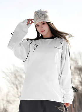 Ren刃川纯色滑雪服白色丝带蝴蝶结打底卫衣上衣男女耐磨垂顺新款