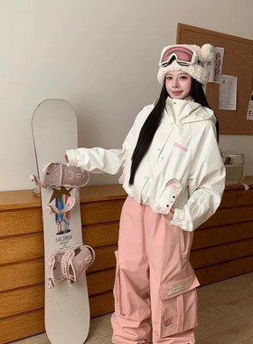 Skibear原创粉色小熊背带裤套装小个子短款滑雪服外套可爱甜加绒