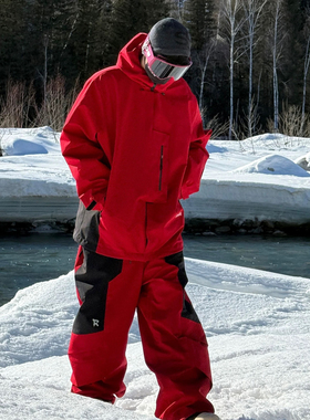 Ren刃川 新款红色拼色3L保暖防风滑雪服套装男女款防水冬款加厚26