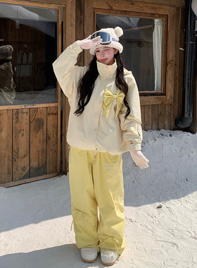 Skibear原创奶黄色蝴蝶结礼物滑雪服套装可爱甜美加绒防水3L压胶