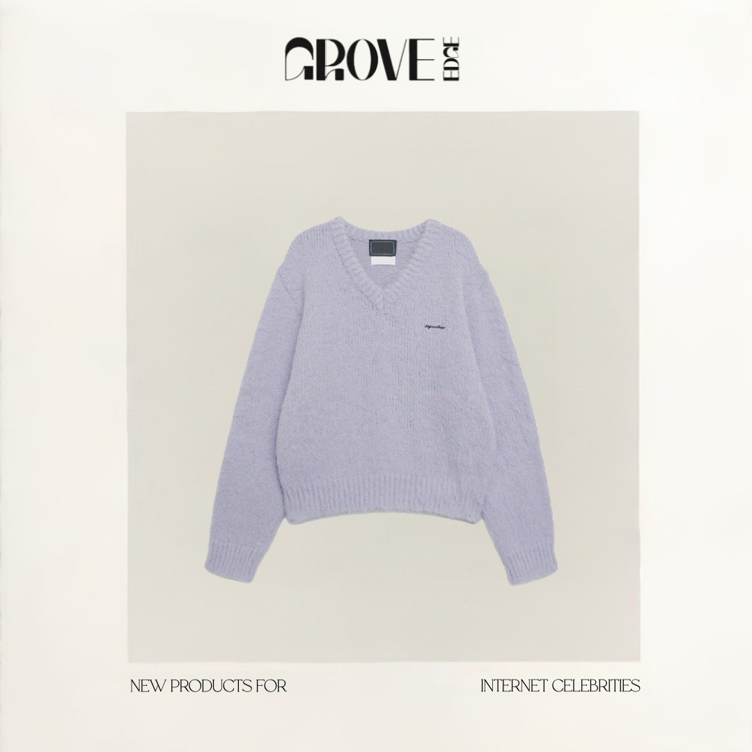 【现货】GROVE EDGE秋季新款韩国设计师软糯香芋紫V领长袖毛衣