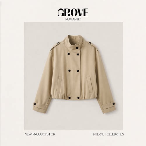 【现货】GROVE ROMANTIC韩国设计师双排扣短风衣女装工装夹克外套