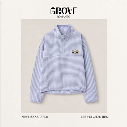 【现货】GROVE ROMANTIC蓝白条纹半拉链立领上衣韩系宽松长袖卫衣