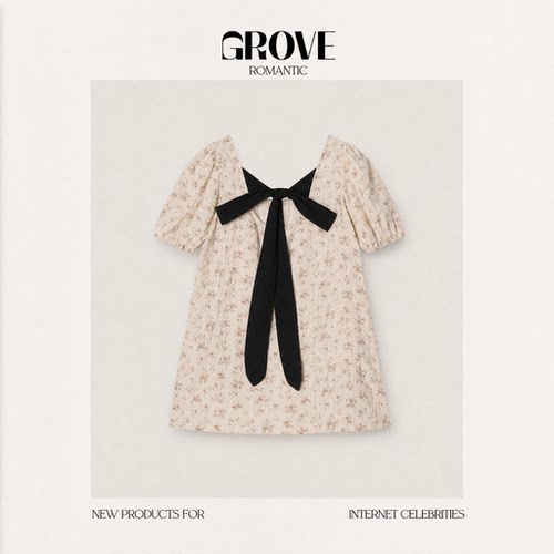【现货】GROVE ROMANTIC蝴蝶结系带碎花格纹连衣裙韩系泡泡袖叠穿