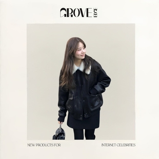 EDGE韩系可拆卸毛领翻领皮衣秋冬女单排扣宽松外套 GROVE 现货