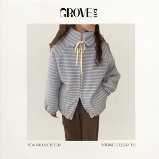 【现货】GROVE EDGE羊羔绒可拆卸毛领外套女韩系甜美条纹碎花上衣