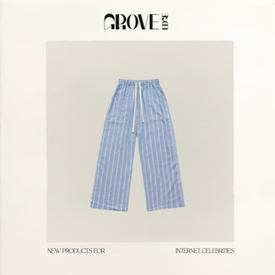 EDGE韩国小众八奶蓝色条纹休闲裤 GROVE 宽松慵懒直筒长裤 现货