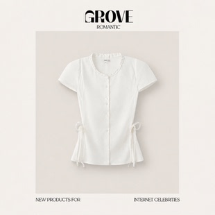【现货】GROVE ROMANTIC纯色蕾丝花边短袖收腰衬衫韩系东大门上衣