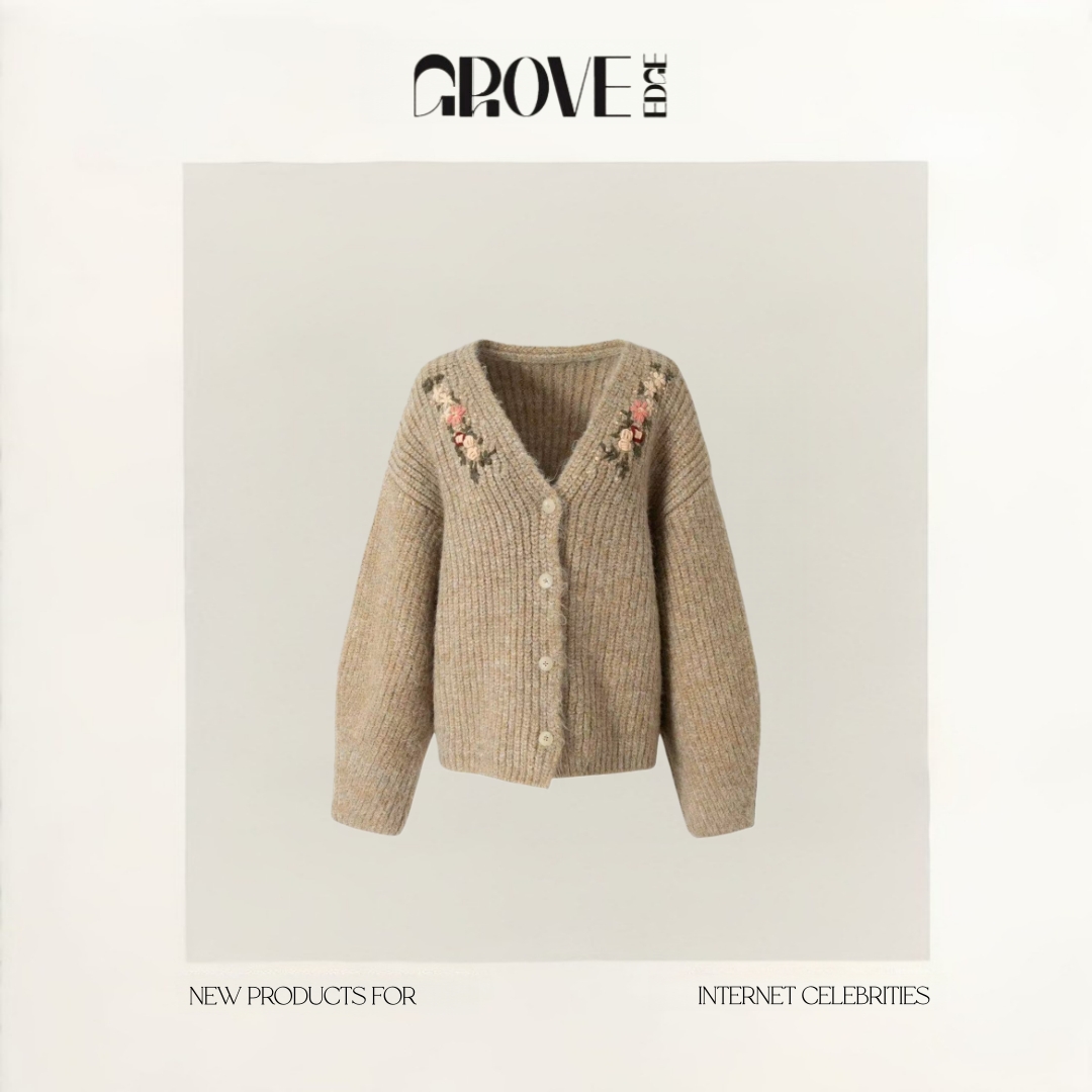 【现货】GROVE EDGE 55%羊驼毛纯手工绣花针织开衫外套女厚实保暖