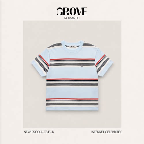 【现货】GROVE ROMANTIC韩国东大门条纹撞色短袖T恤字母刺绣上衣