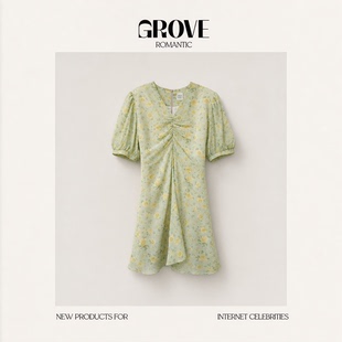 【现货】GROVE ROMANTIC小个子福音!韩国褶皱V领碎花短款连衣裙