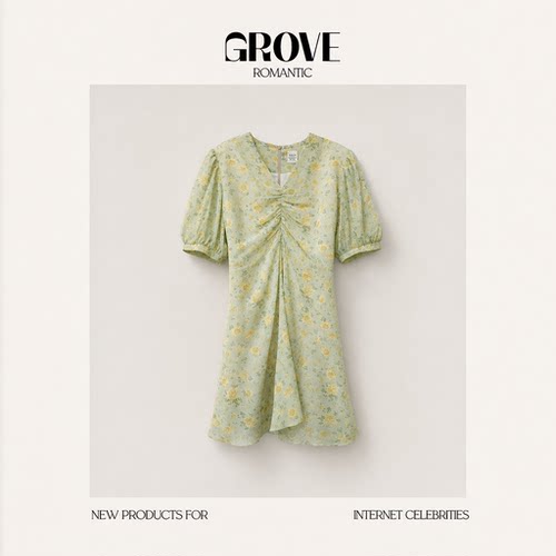 【现货】GROVE ROMANTIC小个子福音！韩国褶皱V领碎花短款连衣裙