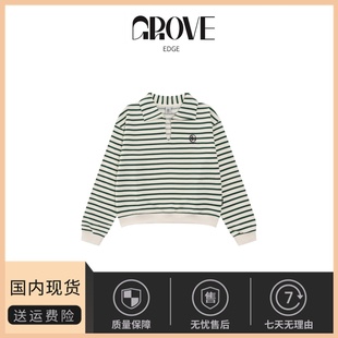 EDGE韩国条纹宽松卫衣裴珠泫同款 GROVE 休闲polo领上衣女 现货