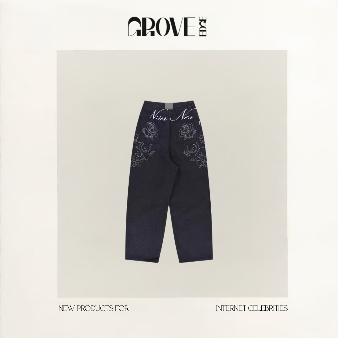 【现货】GROVE EDGE韩国小众玫瑰花后印花宽松牛仔裤长裤阔腿裤