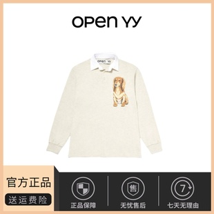 YY小狗印花长袖 韩国小众OPEN 直筒宽松polo翻领卫衣上衣 现货