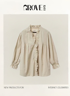 【现货】GROVE EDGE春季新款韩版宽松V领显瘦木耳边褶皱衬衫上衣
