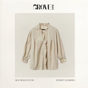 EDGE春季 GROVE 现货 上衣 韩版 宽松V领显瘦木耳边褶皱衬衫 新款