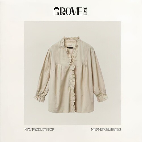 【现货】GROVE EDGE春季新款韩版宽松V领显瘦木耳边褶皱衬衫上衣
