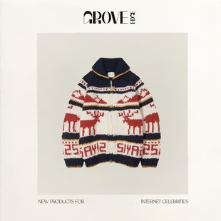 EDGE韩国设计师圣诞麋鹿毛衣宽松重工翻领针织外套 GROVE 现货