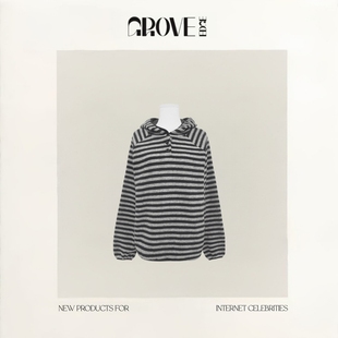 韩国东大门baby酱好穿连帽条纹针织衫 EDGE新款 GROVE 卫衣 现货