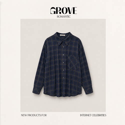 【现货】GROVE ROMANTIC韩国东大门复古单排扣格纹翻领防晒衬衫