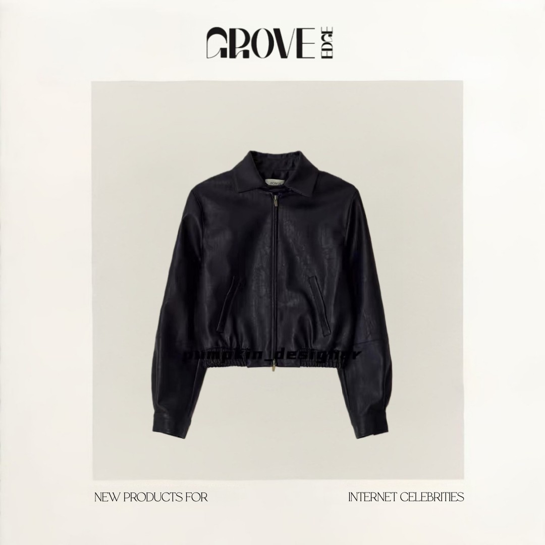 【现货】GROVE EDGE韩国翻领短款夹克韩系女装高级复古双拉链皮衣