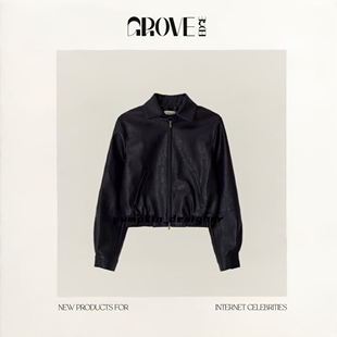 【现货】GROVE EDGE韩国翻领短款夹克韩系女装高级复古双拉链皮衣