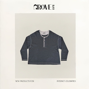 【现货】GROVE EDGE新款韩版宽松显瘦亨利领撞色条纹长袖T恤上衣