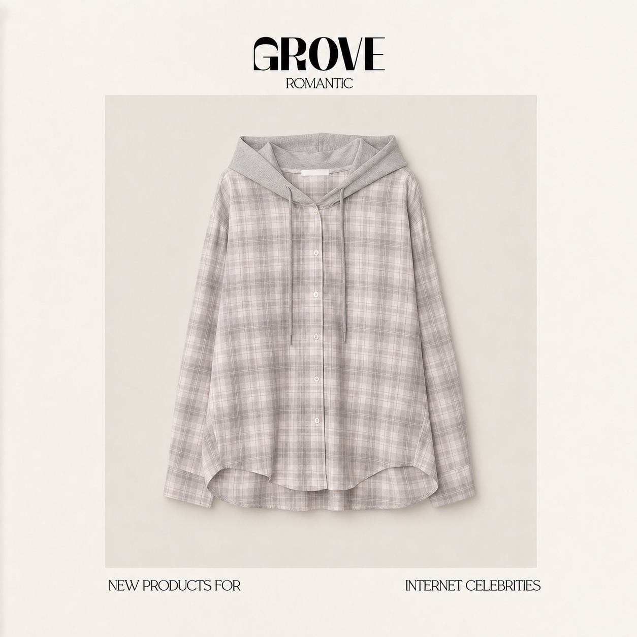 【现货】GROVE ROMANTIC韩国进口莫代尔格纹连帽拼接衬衫休闲外套