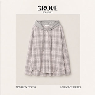 【现货】GROVE ROMANTIC韩国进口莫代尔格纹连帽拼接衬衫休闲外套