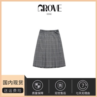 复古高腰显瘦格子腰带半身裙中长款 EDGE韩版 GROVE 百褶裙 现货