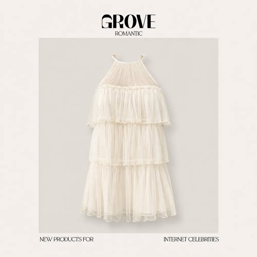 【现货】GROVE ROMANTIC法式一字肩抹胸网纱蛋糕裙纯欲度假连衣裙