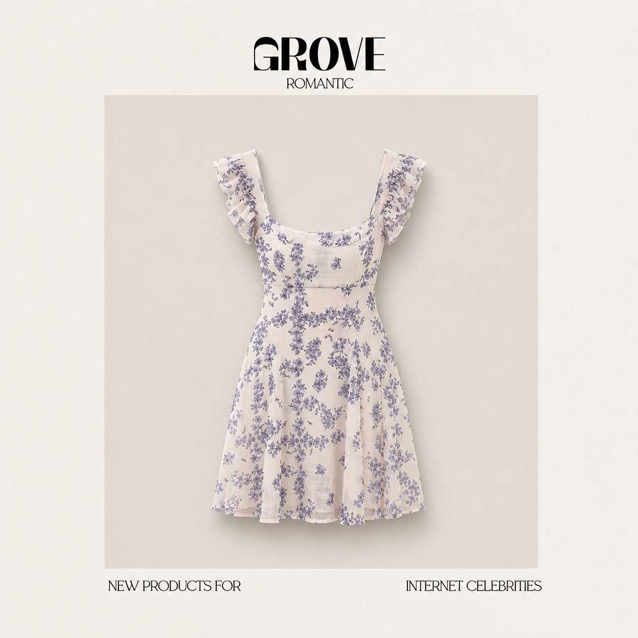 【现货】GROVE ROMANTIC韩系雪纺碎花方领飞飞袖连衣裙收腰A字裙