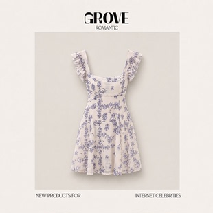【现货】GROVE ROMANTIC韩系雪纺碎花方领飞飞袖连衣裙收腰A字裙