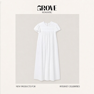 【现货】GROVE ROMANTIC夏新款韩国设计师蕾丝边小立领褶皱连衣裙