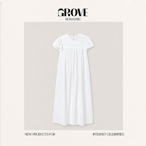 【现货】GROVE ROMANTIC夏新款韩国设计师蕾丝边小立领褶皱连衣裙