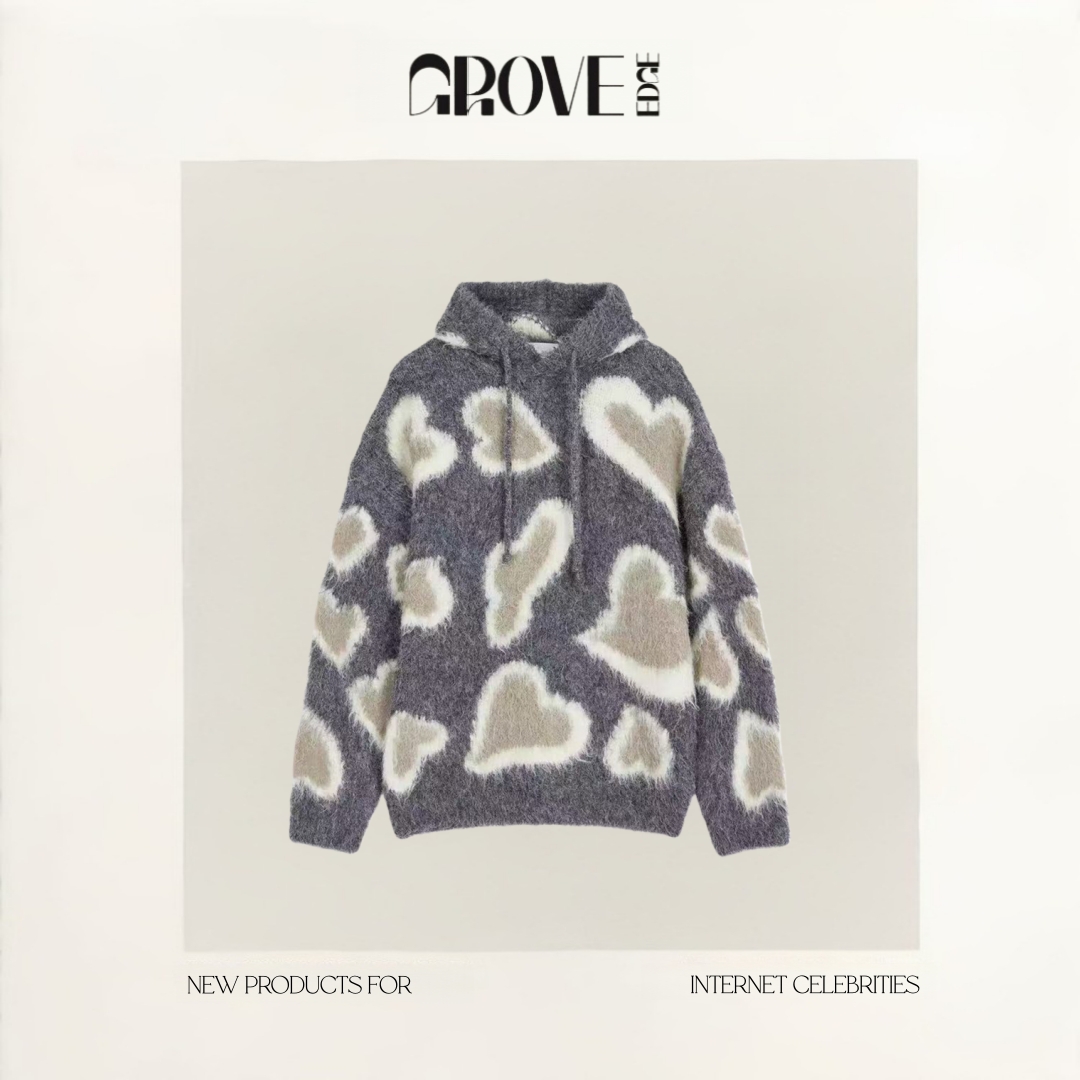 【现货】GROVE EDGE迪丽热巴同款 爱心提花针织连帽卫衣毛衣上衣