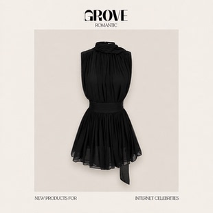 【现货】GROVE ROMANTIC韩系女装挂脖立领无袖高腰飘带分体连衣裙