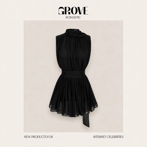 【现货】GROVE ROMANTIC韩系女装挂脖立领无袖高腰飘带分体连衣裙