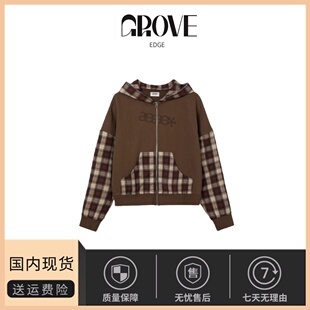 【现货】GROVE EDGE韩国小众潮复古拼接宽松拼色格子连帽卫衣外套