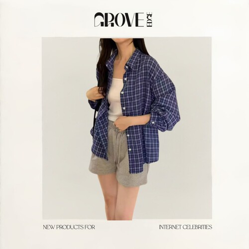 【现货】GROVE EDGE蓝色小格纹翻领长袖衬衫春季宽松显瘦上衣外套