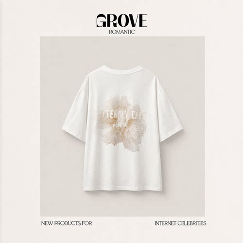【现货】GROVE ROMANTIC花朵数码印花短袖T恤女韩系落肩圆领上衣