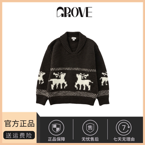 【现货】新款韩国小众sienne复古翻领宽松提花圣诞麋鹿针织毛衣女