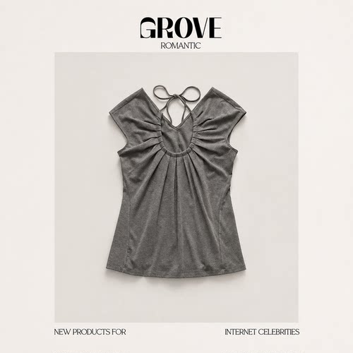【现货】GROVE ROMANTIC韩系fever褶皱宽松短袖T恤U领挂脖上衣