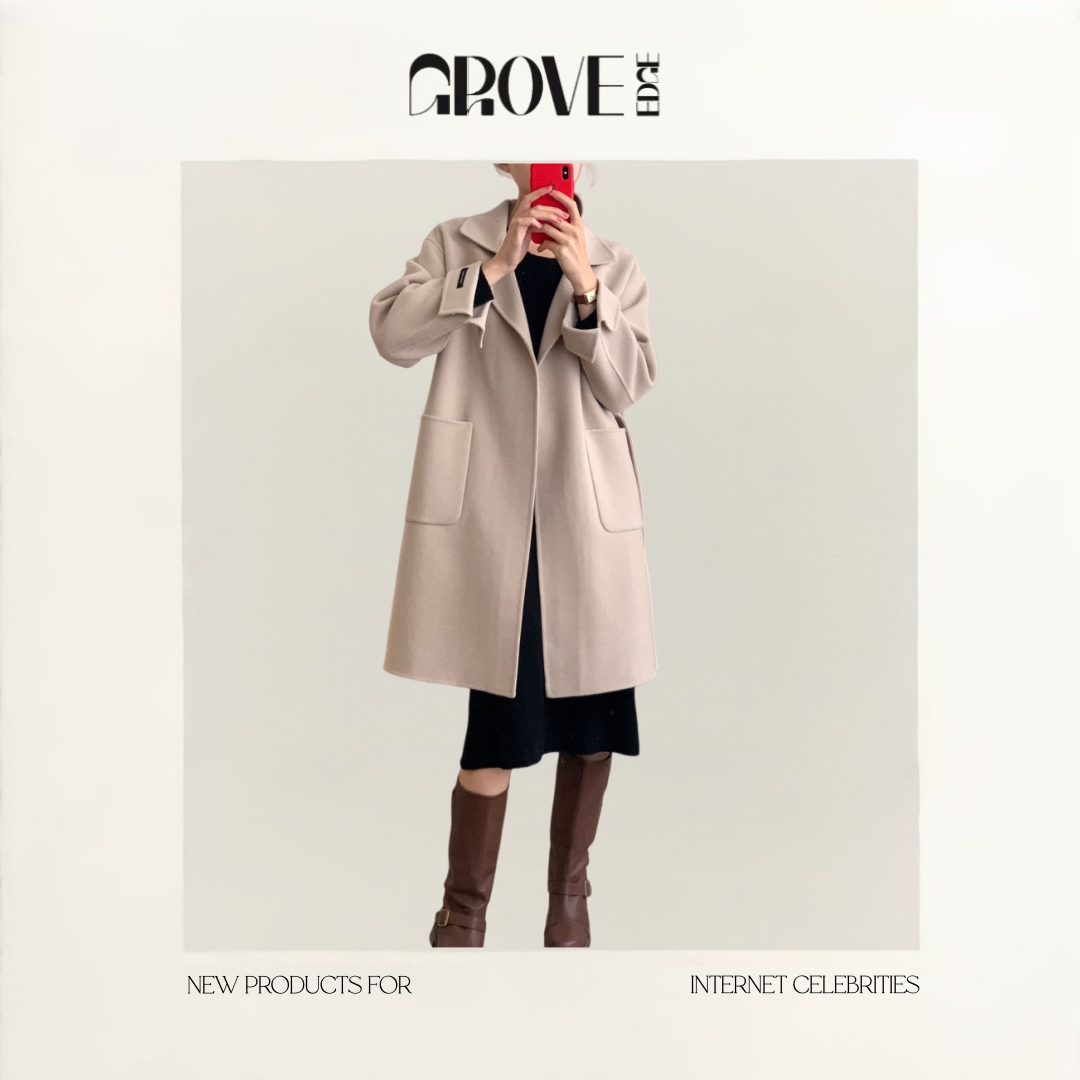 【现货】GROVE EDGE冬韩国东大门法式腰带羊毛中长款毛呢大衣外套