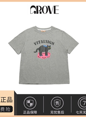 【现货】韩国小众vitalsign休闲v炸毛猫咪印花少女感纯棉黑猫T恤